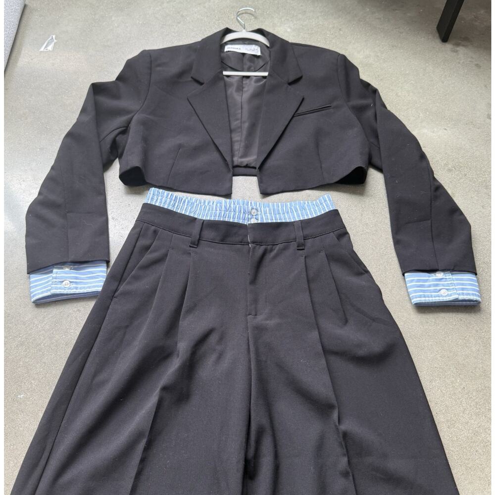 Bershka Womens Cropped Blazer Wide Leg Pants Set Black Blue Pinstripe Co Ord Sz4
